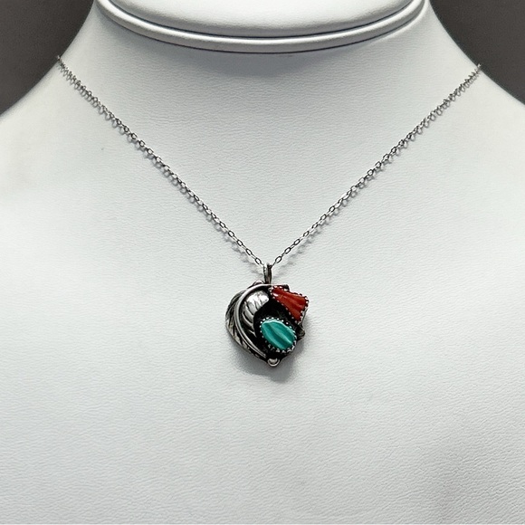 Vintage Southwestern Turquoise Coral Sterling Silver Necklace - Picture 4 of 10